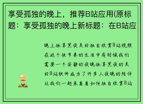 享受孤独的晚上，推荐B站应用(原标题：享受孤独的晚上新标题：在B站应用中分享孤独的晚上)